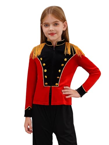 JEATHA Mädchen Samt Zirkusdirektor Jacke Langarm Fransen Reißverschluss Jacke Mantel Zirkus Uniform Motto-Party Karneval Fasching Karneval Outfit rot schwarz 158-164 von JEATHA