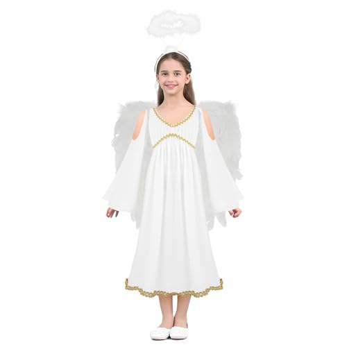 JEATHA Mädchen Trompetenärmel Maxikleid Engelskostüm mit Flügel Stirnband Weihnachtsengel Kleid Maxikleid Halloween Karneval Fasching Partykleid Weiß B 104-110 von JEATHA