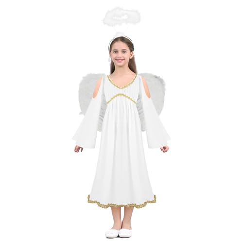 JEATHA Mädchen Trompetenärmel Maxikleid Engelskostüm mit Flügel Stirnband Weihnachtsengel Kleid Maxikleid Halloween Karneval Fasching Partykleid Weiß C 116-122 von JEATHA