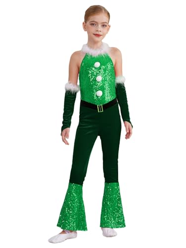 JEATHA Mädchen Weihnachten Kostüm Kinder Mädchen Ganzkörper Pailletten Jumpsuit Glitzer Turnanzug Trikotanzug Xmas Weihnachten Tanzkostüm Grün 122-128 von JEATHA