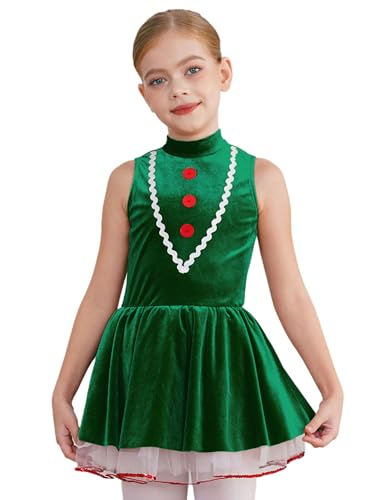 JEATHA Mädchen Weihnachtskleid Lebkuchenmann Kostüm Ärmelloses Samt Tutu Kleid Ballettkleid Trikot Jumpsuit für Weihnachten Cosplay Karneval Grün 170 von JEATHA