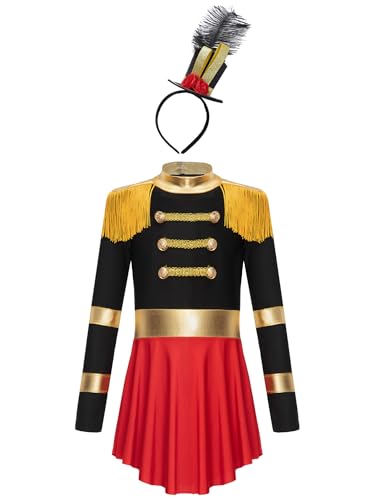 JEATHA Mädchen Zirkus Kostüme Fransen Langarm Tanzkleid Ballettkleid Weihnachtskostüm Ehrengarde Zirkusdirektor Cosplay Fasching Karneval Kostüm Schwarz 110-116 von JEATHA