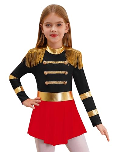 JEATHA Mädchen Zirkus Kostüme Fransen Langarn Tanzkleid Ballettkleid Weihnachtskostüm Ehrengarde Zirkusdirektor Cosplay Fasching Karneval Kostüm Schwarz 110-116 von JEATHA