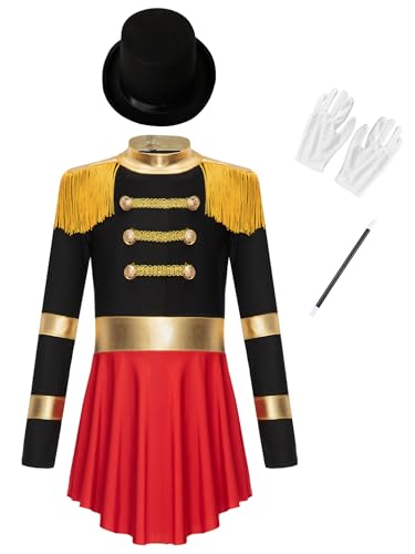 JEATHA Mädchen Zirkus Kostüme Fransen Langarn Tanzkleid mit Zubehör Set Weihnachtskostüm Ehrengarde Zirkusdirektor Cosplay Fasching Karneval Kostüm Schwarz 134-140 von JEATHA