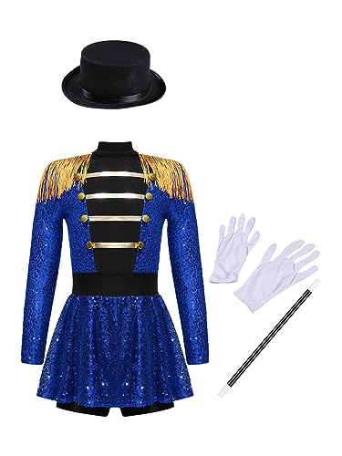 JEATHA Mädchen Zirkus Kostüme Pailletten Langarm Tanzkleid mit Zubehör Weihnachtskostüm Ehrengarde Zirkusdirektor Fasching Karneval Kostüm Blau 170 von JEATHA