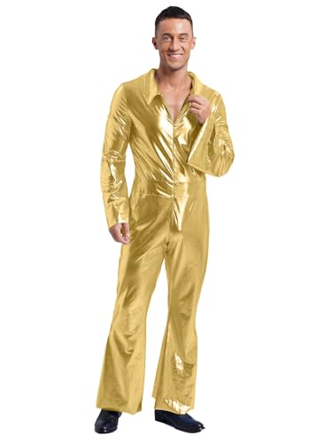 JEATHA Metallic Herren Disco Glänzende Jumpsuit 70er 80er Disco Overall Ganzanzug Festival Bodysuit Performance Fasching Mottoparty Outfit Gold XXL von JEATHA