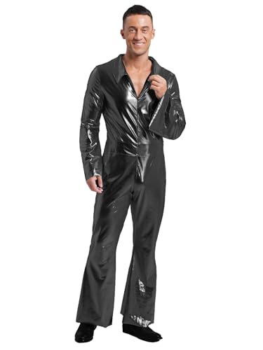 JEATHA Metallic Herren Disco Glänzende Jumpsuit 70er 80er Disco Overall Ganzanzug Festival Bodysuit Performance Fasching Mottoparty Outfit Schwarz L von JEATHA