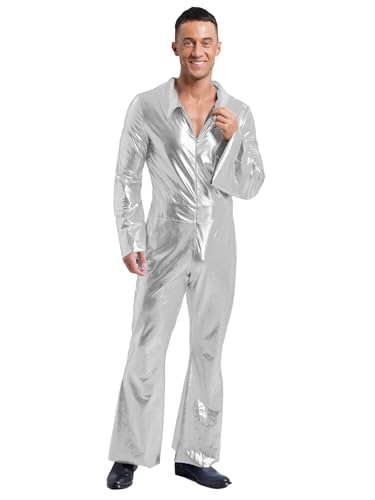 JEATHA Metallic Herren Disco Glänzende Jumpsuit 70er 80er Disco Overall Ganzanzug Festival Bodysuit Performance Fasching Mottoparty Outfit Silber S von JEATHA