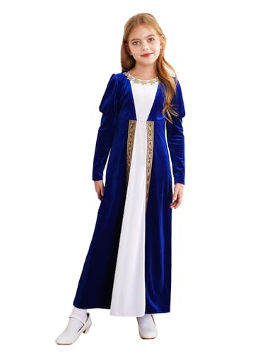 JEATHA Mittelalterliche Renaissancen Prinzessin Kleid Mädchen Langarm Samt Kleid Festlich Partykleid Ballkleid Festkleid Abendkleid Tanzkleidung Königsblau 122-128 von JEATHA