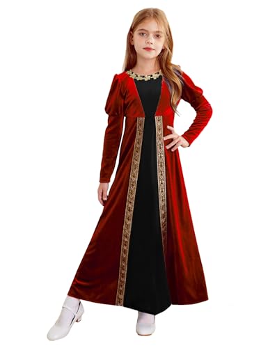 JEATHA Mittelalterliche Renaissancen Prinzessin Kleid Mädchen Langarm Samt Kleid Festlich Partykleid Ballkleid Festkleid Abendkleid Tanzkleidung Rot 110-116 von JEATHA