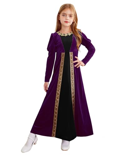 JEATHA Mittelalterliche Renaissancen Prinzessin Kleid Mädchen Langarm Samt Kleid Festlich Partykleid Ballkleid Festkleid Abendkleid Tanzkleidung Violett 122-128 von JEATHA