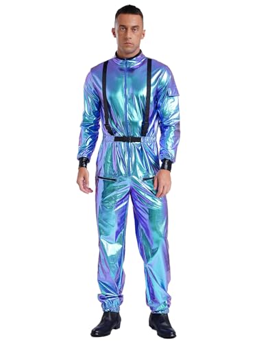 JEATHA Unisex Damen Herren Metallic Astronauten Overall Astronautin Kostüm Karneval Halloween Verkleidung Space Raumfahrer Overall Outfit Blau 3XL von JEATHA