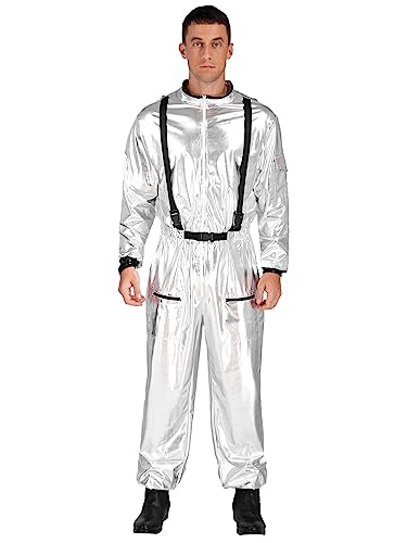 JEATHA Unisex Damen Herren Metallic Astronauten Overall Astronautin Kostüm Karneval Halloween Verkleidung Space Raumfahrer Overall Outfit Silber 3XL von JEATHA