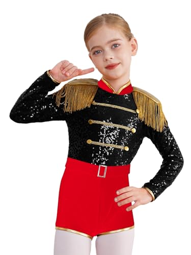 JEATHA Zirkus Kostüm Für Mädchen Pailletten Bodysuit Langarm Patchwork Body Trikot Kinder Halloween Karneval Fasching Verkleidung Schwarz 122-128 von JEATHA