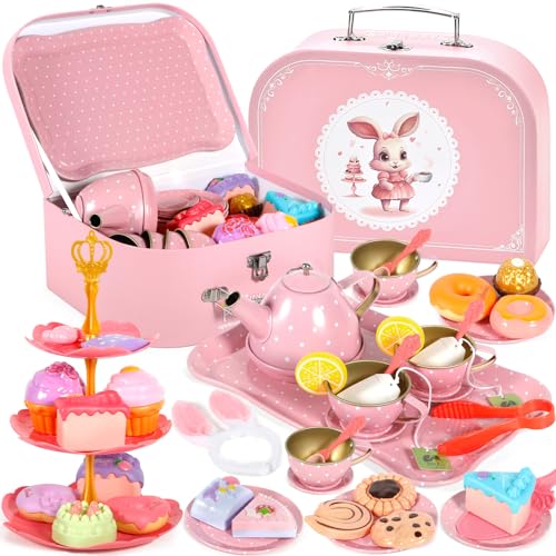 JEDWKFA 50-teilig Teeservice Kinder,Puppengeschirr Kinderküche Tin Teekanne Set,mit Rosa Bunny Spielzeug Tragetasche,mit Dessert Rollenspiele für 3 4 5 6 7 Kinder Mädchen von JEDWKFA