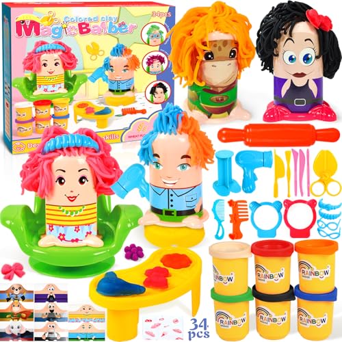 JEDWKFA Knete Set Knetwerkzeug für Kinder, Friseur Set Kinder, Knete Set für Kinder, Knete Dough Set für Kinder, Friseur Spielset mit 6 Dosen Knet, Knete Zubehör, Geschenk für ab 3 von JEDWKFA