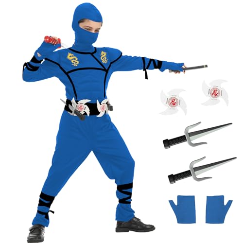 JEEK Kinder Ninja Kostüme Set Halloween Ninja Kostüm für Jungen Deluxe Ninjas Cosplay Spielzeug für Halloween Party(Kinder-L-8/9T Blau) von JEEK