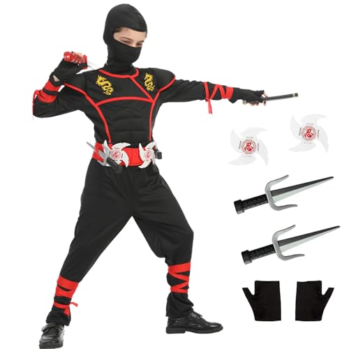 JEEK Ninja cDeluxe Ninja Kostüme Set Kinder Muskeln Ninja Kostüm für Jungen Ninja Cosplay Kostüme Spielzeug für Halloween Weihnachtsfeierostume kids(Kinder-L-8/9T Schwarz) von JEEK