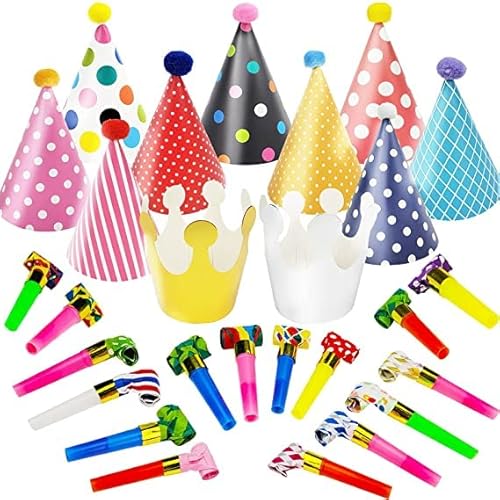 27 Stück Partyhüte Set,Partyhüte Kindergeburtstag,Party Hüte zum Geburtstag mit Pompons,Geburtstagshut Lufttröte Pfeife Partyhütchen Geburtstag Kegel Hüte für Kinder Geburtstagsfeier Baby Shower von JEFFOUOO