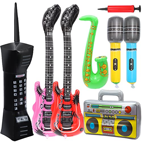 JEFFOUOO Aufblasbare Instrumente Spielzeug Set,8Stück Aufblasbare Party Props,Aufblasbare Gitarre Saxophon Mikrofon Aufblasbares Handy Radio Boombox,Aufblasbare Rock Star Toy für 80er 90er Party Decor von JEFFOUOO