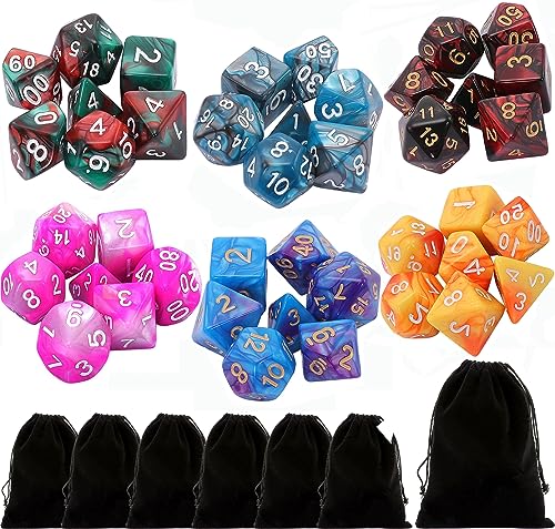 JEFHOMKIT Polyedrische Würfel Set,6 x 7(42 Stück)Doppel-Farben Polyedrischer Spielwürfel für Dungeons and Dragons DND RPG MTG,Würfelset FarbSpielwürfel mit 7 Schwarz Beutel,6 Set D4,D6,D8,2D10,D12,D20 von JEFHOMKIT