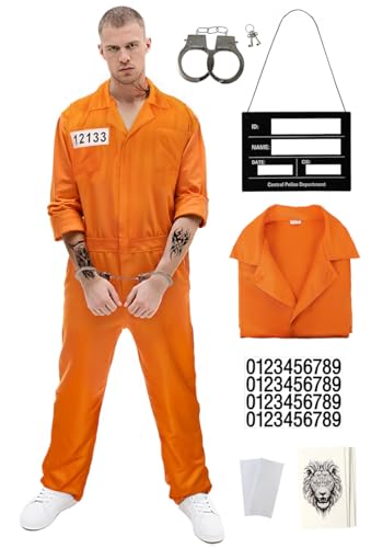 JEGERMIG Herren-Overall mit Gefängnis-Motiv, Orange, Halloween, Insassin, Cosplay, Kostüm, Kriminaloutfit für Erwachsene JEGERMIG Herren-Overall mit Gefängnis-Motiv, Orange, Halloween, Insassin, Cosplay, Kostüm, Kriminaloutfit für Erwachsene von JEGERMIG