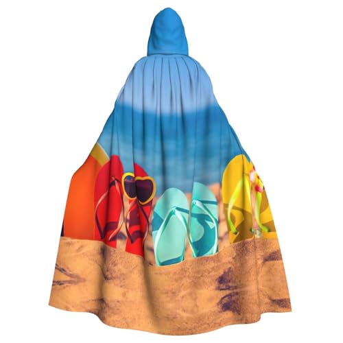 JEJEA Flip-Flops on a Sandy Beach Print Uni Hooded Cloak Renaissance Hooded Cape Full Long Cape for Halloween Cosplay Costumes von JEJEA