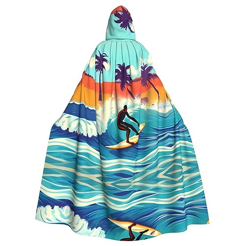 JEJEA Hawaiianischer Surfer auf gewelltem Druck, Unisex, langer Kapuzenumhang, Hexenumhang, Halloween, Cosplay, Party, Umhang von JEJEA