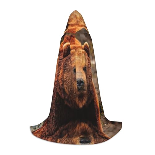 JEJEA Kapuzenumhang mit Grizzly-Bär-Druck, langer Kapuzenumhang, Hexenkostüm, Cosplay-Kostüme, Unisex-Party-Umhang von JEJEA