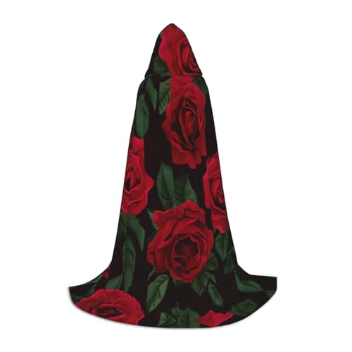 JEJEA Kapuzenumhang mit roter Rose, langer Kapuzenumhang, Hexenkostüm, Cosplay-Kostüme, Unisex-Party-Umhang von JEJEA