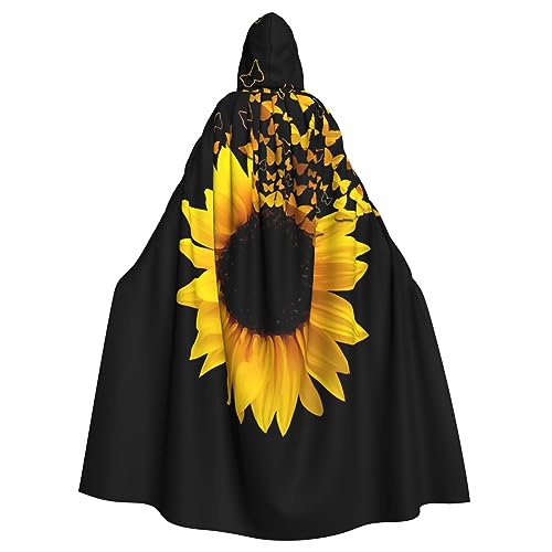 JEJEA Sonnenblumen-Umhang mit Blumenmotiv und Schmetterlingen, Kunstdruck, Unisex, langer Kapuzenumhang, Hexenumhang, Halloween, Cosplay, Party, Umhang von JEJEA