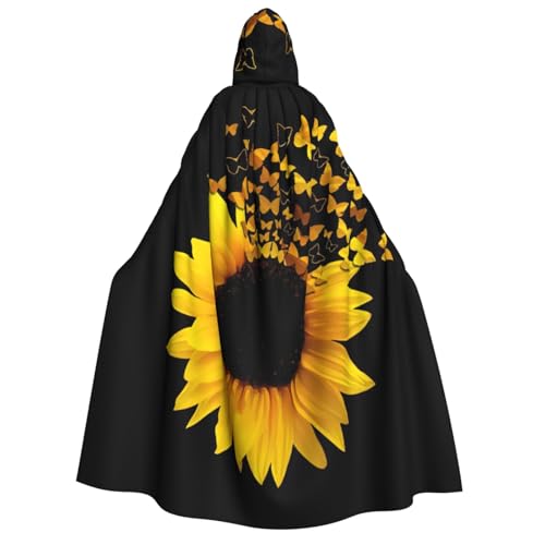 JEJEA Sonnenblumen-Umhang mit Schmetterlingen, Kunstdruck, langer Umhang für Weihnachten, Halloween, Umhang, Kostüme, Kapuzenumhang, Maskerade von JEJEA