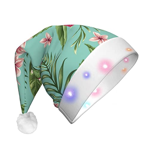 JEKYDOSD Hawaiianische tropische Blätter und Blumen, LED-Weihnachtsmütze für Erwachsene, Weihnachtsmütze für Erwachsene, Unisex von JEKYDOSD