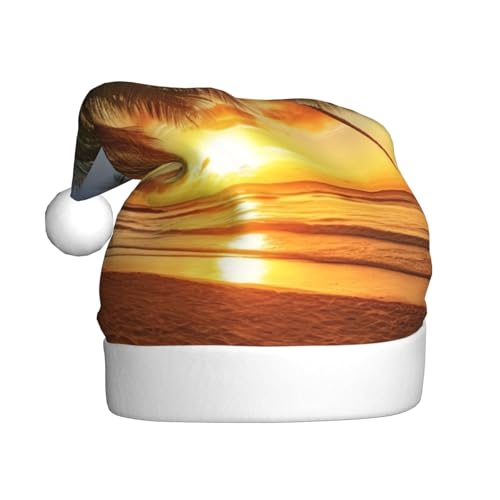 JEKYDOSD Sonnenuntergang Hawaii Palme Druck Weihnachtsmütze für Erwachsene Weihnachtsmütze Nikolausmützen für Erwachsene Unisex von JEKYDOSD