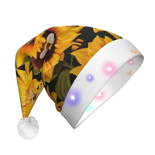 JEKYDOSD Weihnachtsmütze mit Sonnenblumen-Bienen-Druck, LED-Weihnachtsmütze für Erwachsene, Unisex von JEKYDOSD