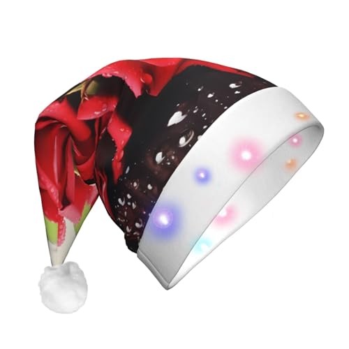 JEKYDOSD Weihnachtsmütze mit roten Rosen und Blumen, LED-Weihnachtsmütze für Erwachsene, Unisex von JEKYDOSD