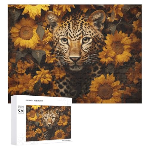 Puzzle 520 Teile Personalisierte Fotos Puzzle mit Aufbewahrungstasche Leopard und Sonnenblume Puzzles Herausforderndes Bilderpuzzle Männer Frauen Wohnkultur Holzpuzzles für Familie von JEKYQ