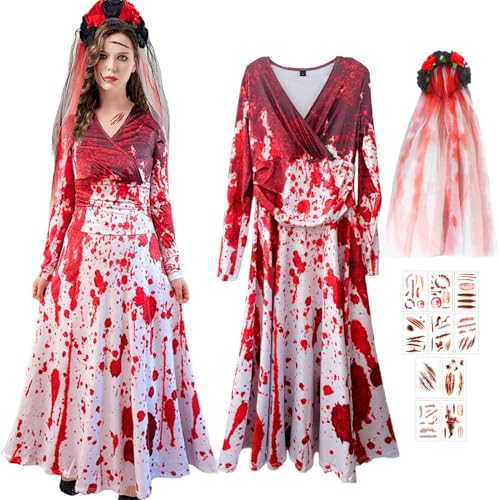 Halloween Kleidung mit Blutigem Aufdruck,Zombie Braut Kostüm Damen Outfit mit Blumenkranz,Kostüm Damen Zombie Horror,Gruselig Blutige Zombie Braut Kostüm,Zombie Kostüm Damen für Halloween Karneval von JEONDFG