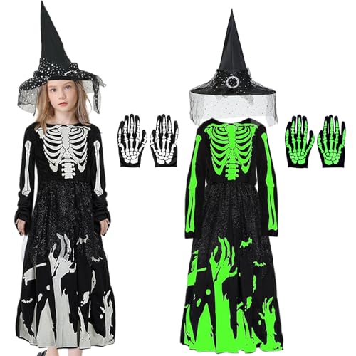 Hexenkostüm Mädchen,Halloween Kostüm Kinder mit Hexenhut,Halloween Skelett Kostüm Kinder,Hexe Kostüm Kinder,Halloween Hexenkostüm Kinder,Hexen Karneval Kostüm Kinder für Fasching Karneval Halloween von JEONDFG