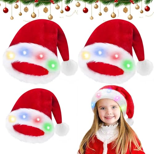 3 Stück LED Leuchtende Weihnachtsmütze Erwachsene Kinder, Weihnachtsmütze Nikolausmütze Erwachsene Plüsch Rand Weihnachtsfeier Rote Santa Mütze Nikolaus Warm Dicker Fellrand Weihnachtsmann mütze Rot von JEONDFG