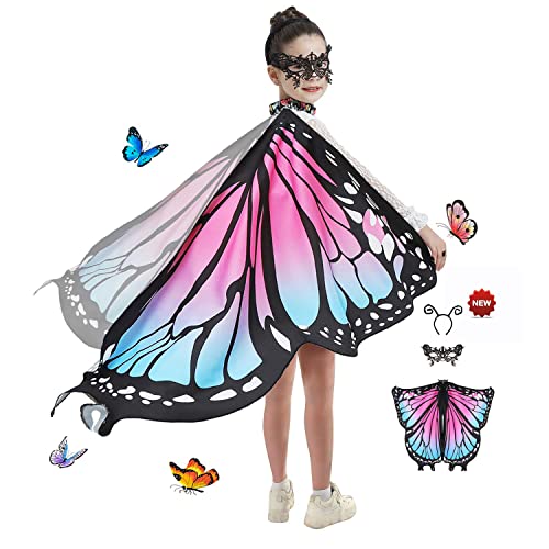 JEPOZRA Schmetterling Flügel Kostüm für Kinder Halloween Mädchen Umhang Fee Verkleidung Spielzeug Umhang Schal Prinzessin Party Elfen Set Cosplay,Maske und Kopfbedeckung sind enthalten von JEPOZRA