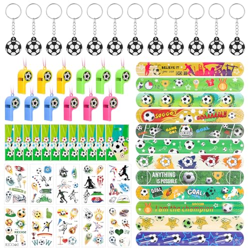 58 Stück Fußball Party Mitgebsel Kindergeburtstag Junge Give Aways Fußball mit Trillerpfeife Schnapparmband Kinder Geschenk Taschen Tattoo Schlüsselanhänger Fußball-Party Deko für Kindergeburtstage von JETOP