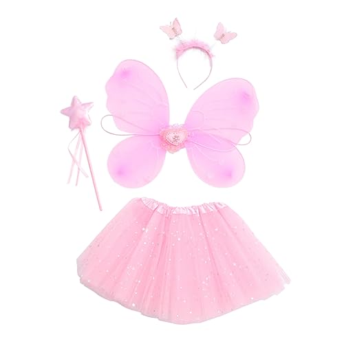 JEWEDECO 1 Satz Schmetterlingsflügel Vierteiliges Set Kurzes Kleid Aus Feenkleid Für Mädchen Pailletten Fee Verkleiden Sich Schmetterlingskleid Kostüm Mädchen Kinderanzug Stoff Rosa von JEWEDECO