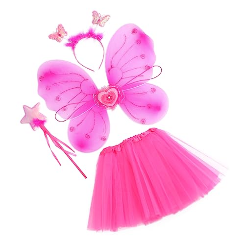 JEWEDECO 1 Satz Schmetterlingsflügel Vierteiliges Set Kurzes Kleid Aus Flapper-kopfstück Kostüme Outfits Rosa Feenflügel Kinder Schmetterling Kostüm Kinder Marienkäfer Neon Rosy Stoff von JEWEDECO