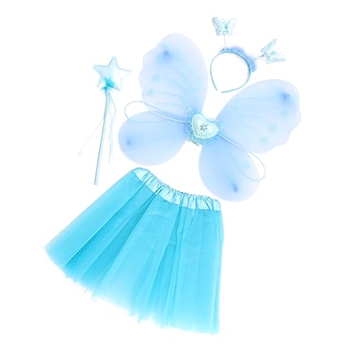 JEWEDECO 1 Satz Schmetterlingsflügel vierteiliges Set Cosplay-Kleid für Kinder favorisieren Party kinderkleider kinderkleidung Mädchen, das Kleid durchführt Feenkleid für Mädchen Stoff Blue von JEWEDECO