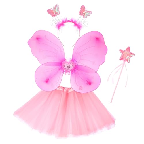 JEWEDECO 1 Satz Schmetterlingsflügel vierteiliges Set Kleinkinderkleidung für Mädchen Prinzessinnenkleider für Mädchen halloweenkostüme für kinder halloween kleider für kinder Feenrock Rosa von JEWEDECO