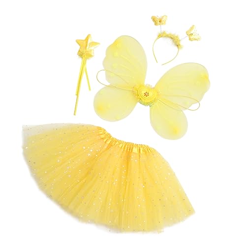 JEWEDECO 1 Satz Schmetterlingsflügel vierteiliges Set Spitze Blumenmädchenkleid Kostüme for for zauberstab Kleider für Frauen Partyzubehör Feenrock Strümpfe Yellow von JEWEDECO