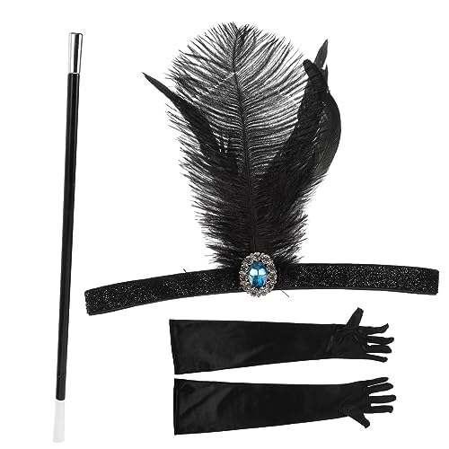 JEWEDECO 1 Satz Teeparty-haarschmuck Flapper-stirnband Party-stirnband 1920 Accessoires Damen Frauen Stirnband Cosplay-handschuhe Für Frauen Handschuhe Für Frauen-teeparty Stoff Black von JEWEDECO