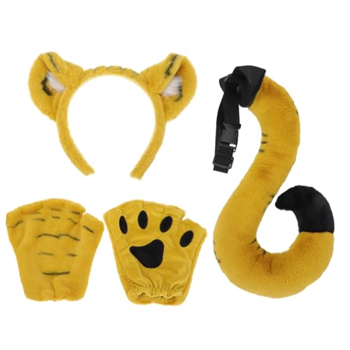 JEWEDECO 1 Satz Tiger-Stirnband-Set Ohr Haarreifen Stirnband für Kinder Kuscheltiere für Kinder Tierhaarreifen Cosplay-Tiger-Kostüm Tierschwänze aus Stoff Ohren-Stirnband Tierkostüm Khaki von JEWEDECO