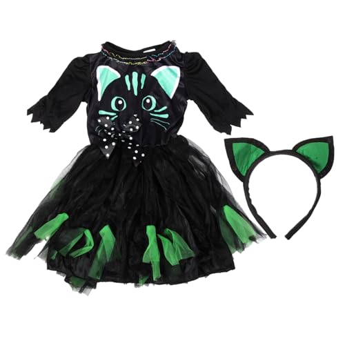 JEWEDECO 1 Set Halloween Schwarze Katze Hexenkostüm Für Kinder Katzenkleid Und Katzenstirnband Cosplay Katzenkostüm Mädchen Katzenkleid Mädchen Katzenkleid Für Kinderkatze Kinder Mädchen von JEWEDECO